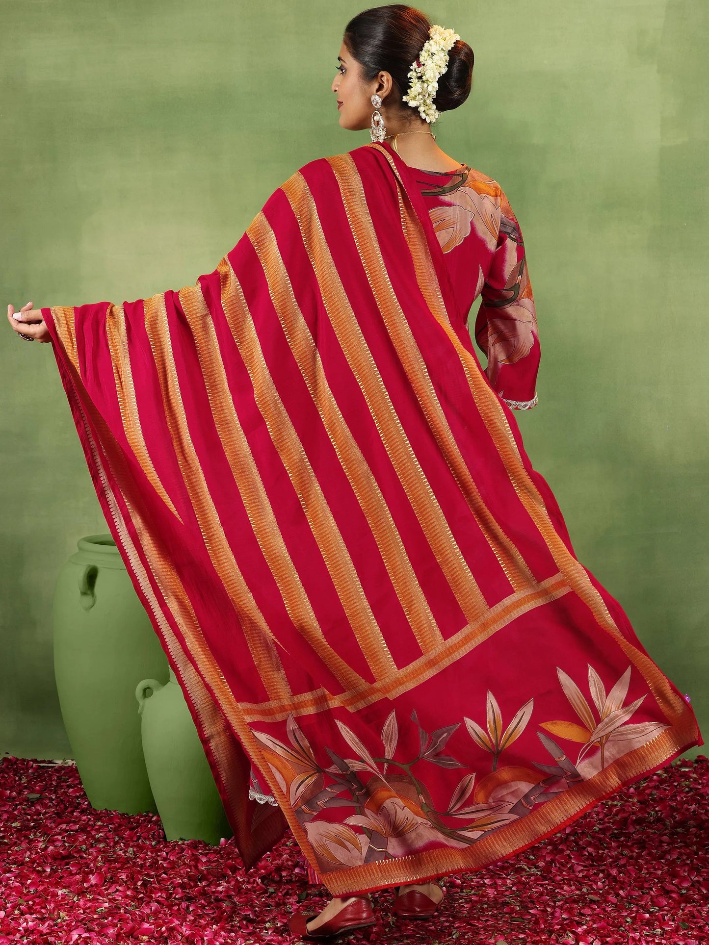 Gerua Red Printed Silk Blend A-Line Kurta With Salwar & Dupatta