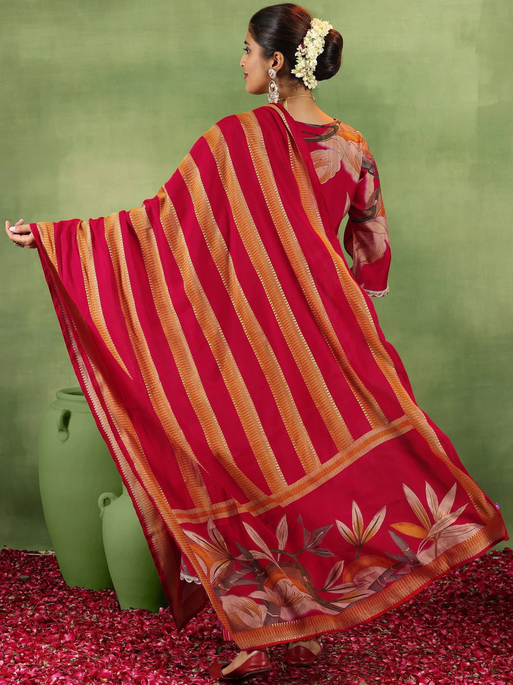 Gerua Red Printed Silk Blend A-Line Kurta With Salwar & Dupatta