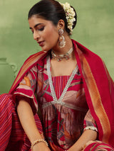 Gerua Red Printed Silk Blend A-Line Kurta With Salwar & Dupatta