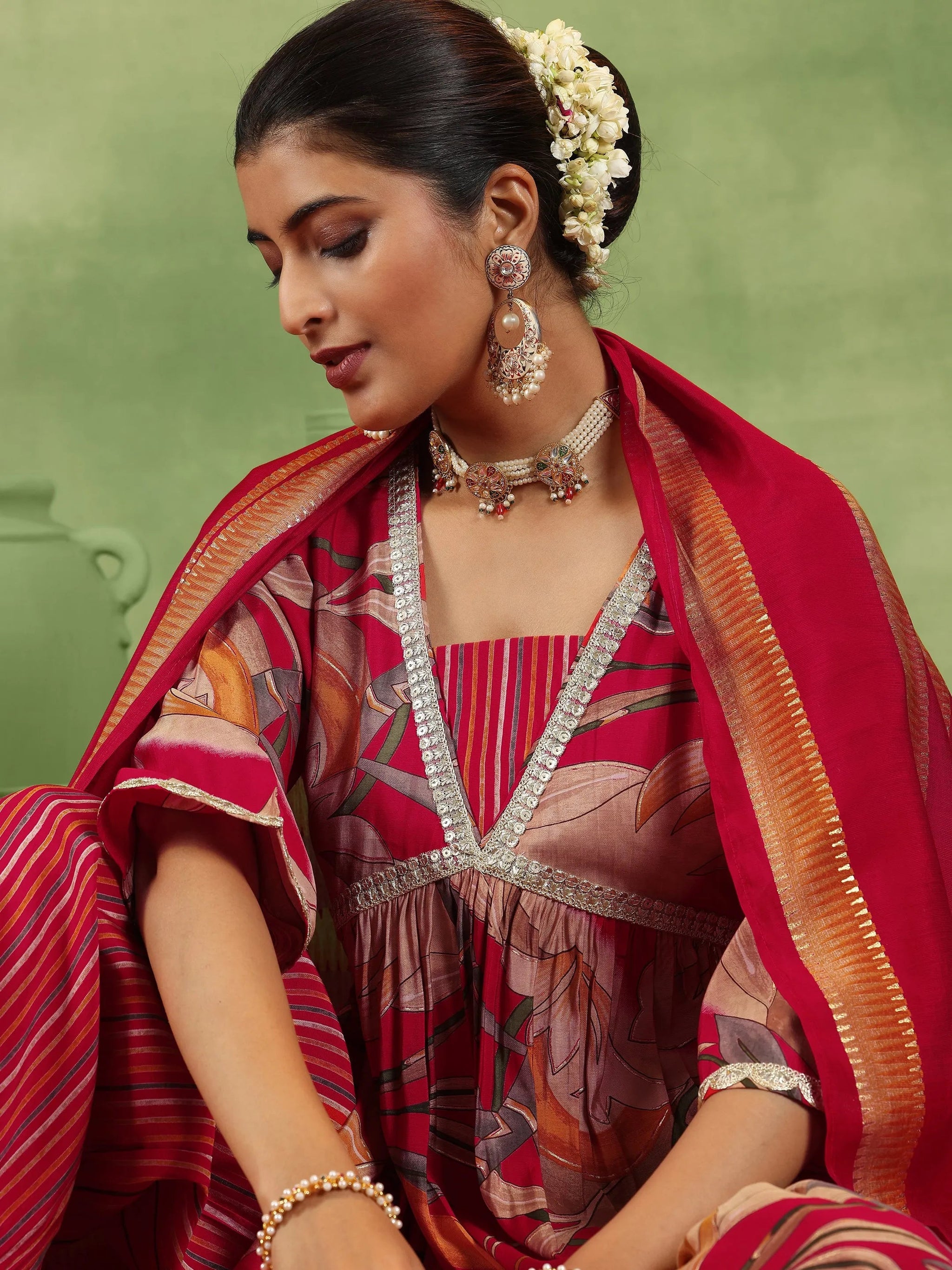 Gerua Red Printed Silk Blend A-Line Kurta With Salwar & Dupatta