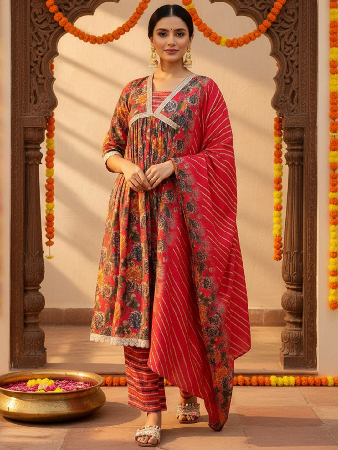 Gerua Pink Printed Silk Blend A-Line Kurta With Trousers & Dupatta