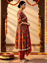 Gerua Pink Printed Silk Blend A-Line Kurta With Trousers & Dupatta