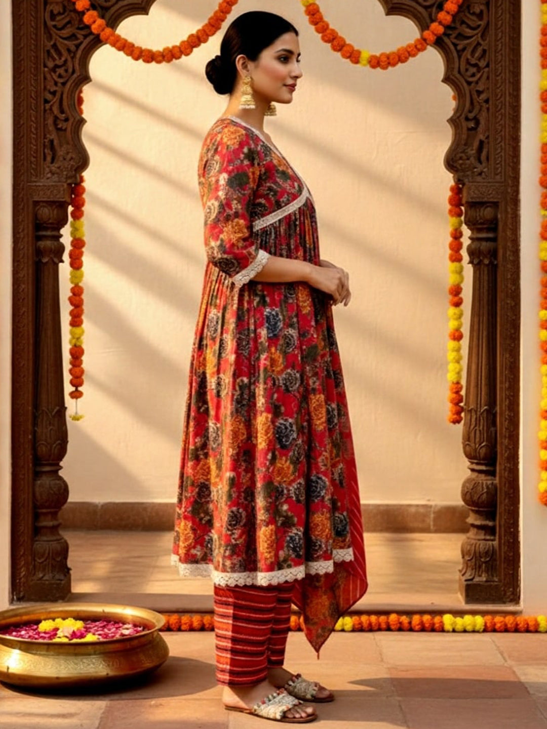 Gerua Pink Printed Silk Blend A-Line Kurta With Trousers & Dupatta