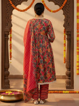 Gerua Pink Printed Silk Blend A-Line Kurta With Trousers & Dupatta