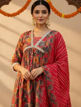 Gerua Pink Printed Silk Blend A-Line Kurta With Trousers & Dupatta