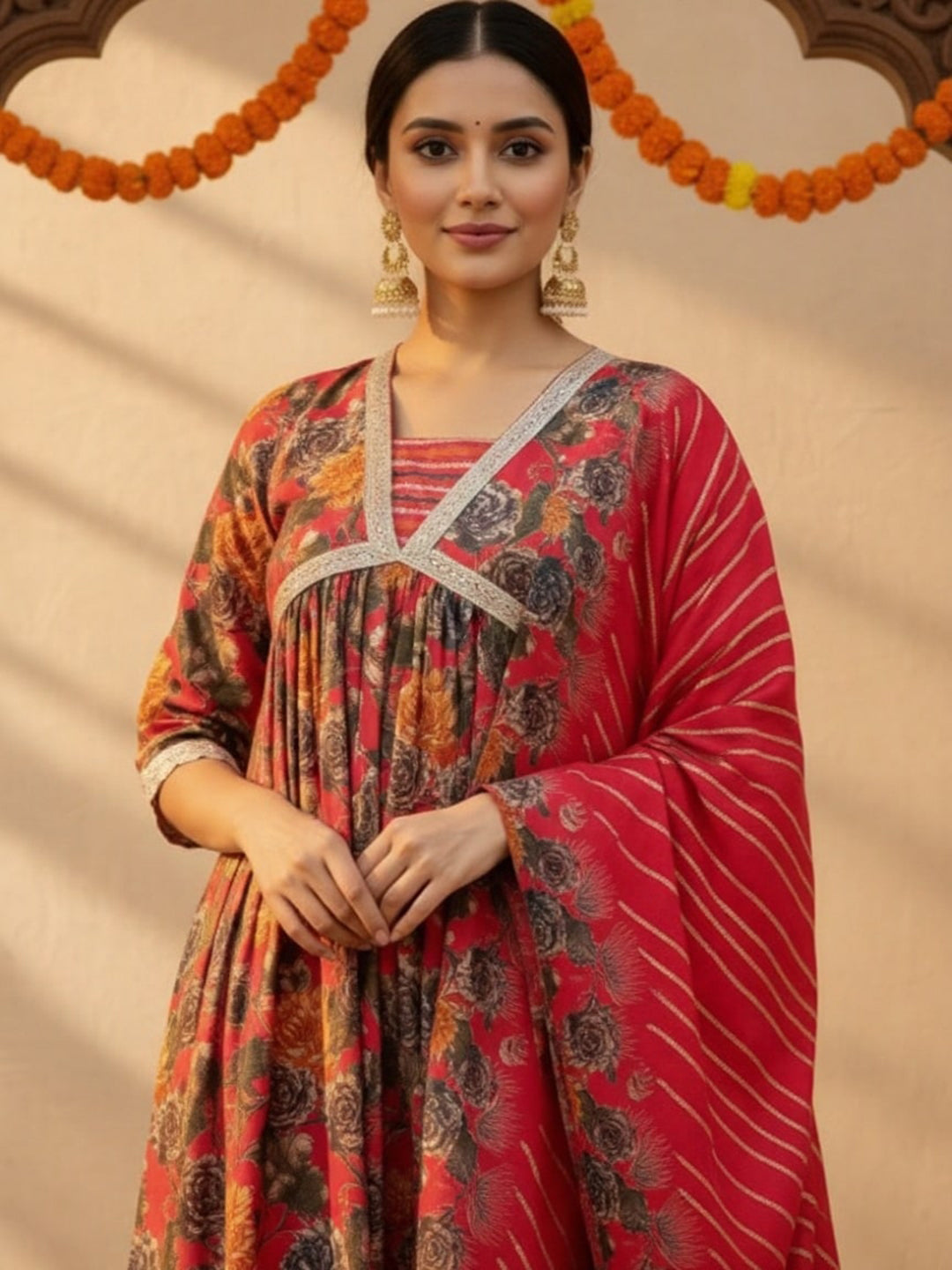 Gerua Pink Printed Silk Blend A-Line Kurta With Trousers & Dupatta