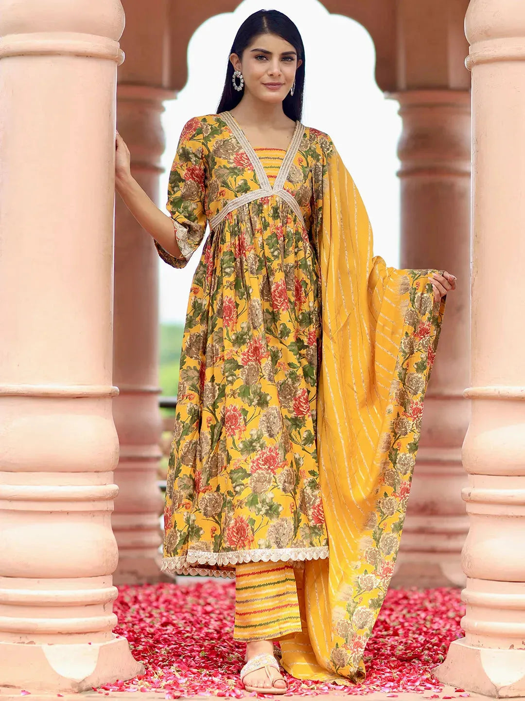 Mameraa Yellow Printed A-Line Kurta With Trousers & Dupatta