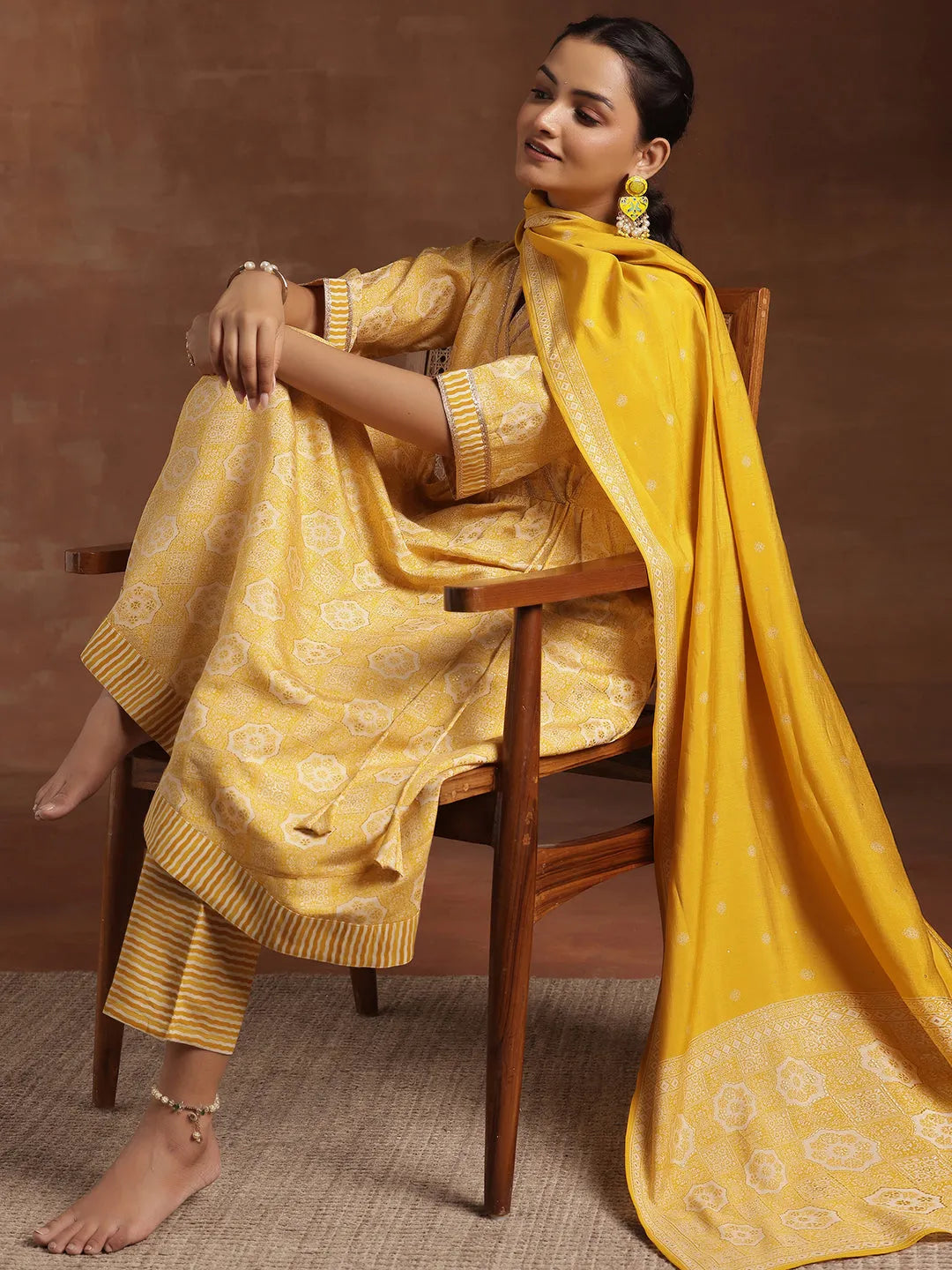 Mameraa Yellow Printed Anarkali Suit With Dupatta