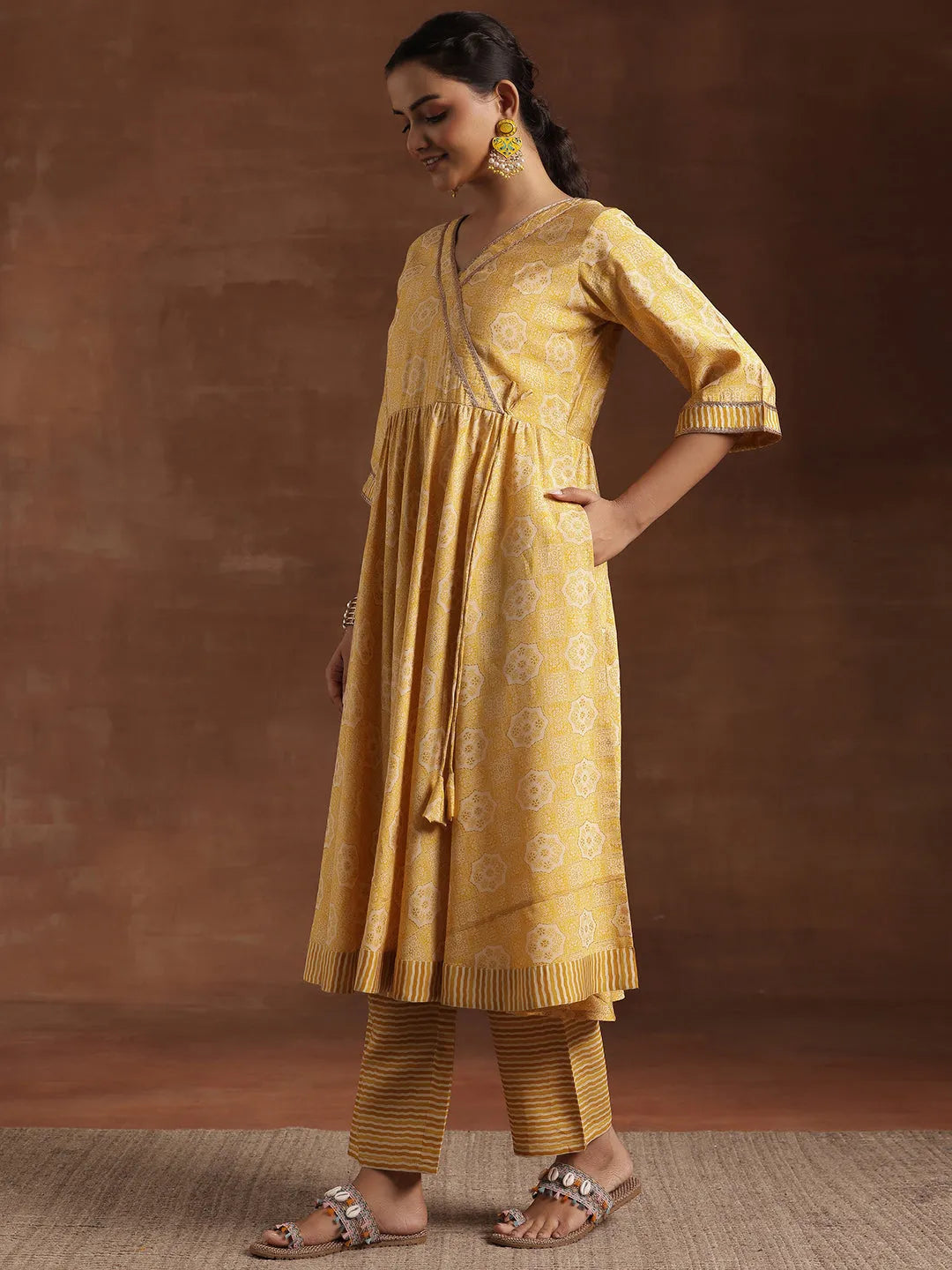 Mameraa Yellow Printed Anarkali Suit With Dupatta