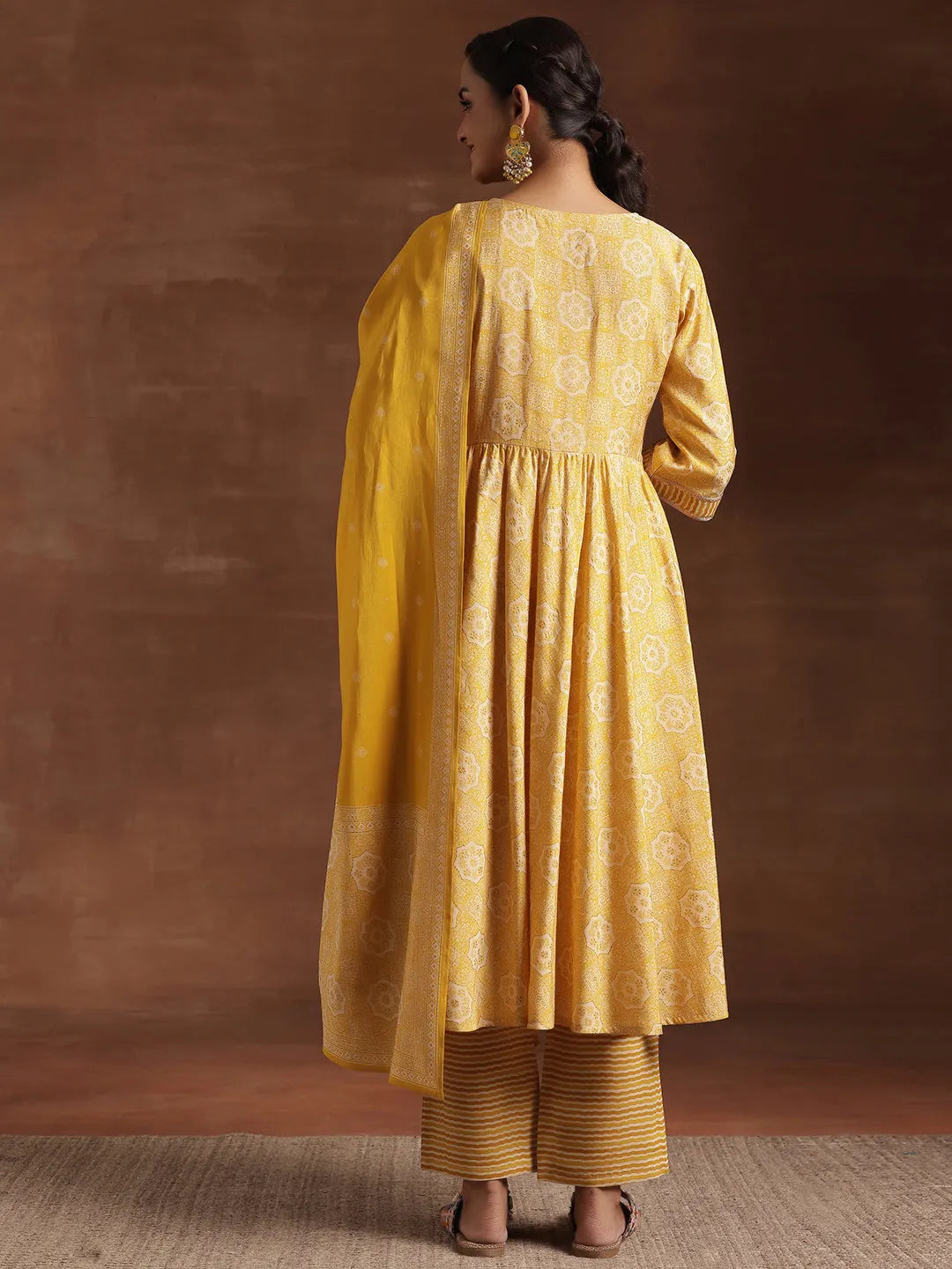 Mameraa Yellow Printed Anarkali Suit With Dupatta