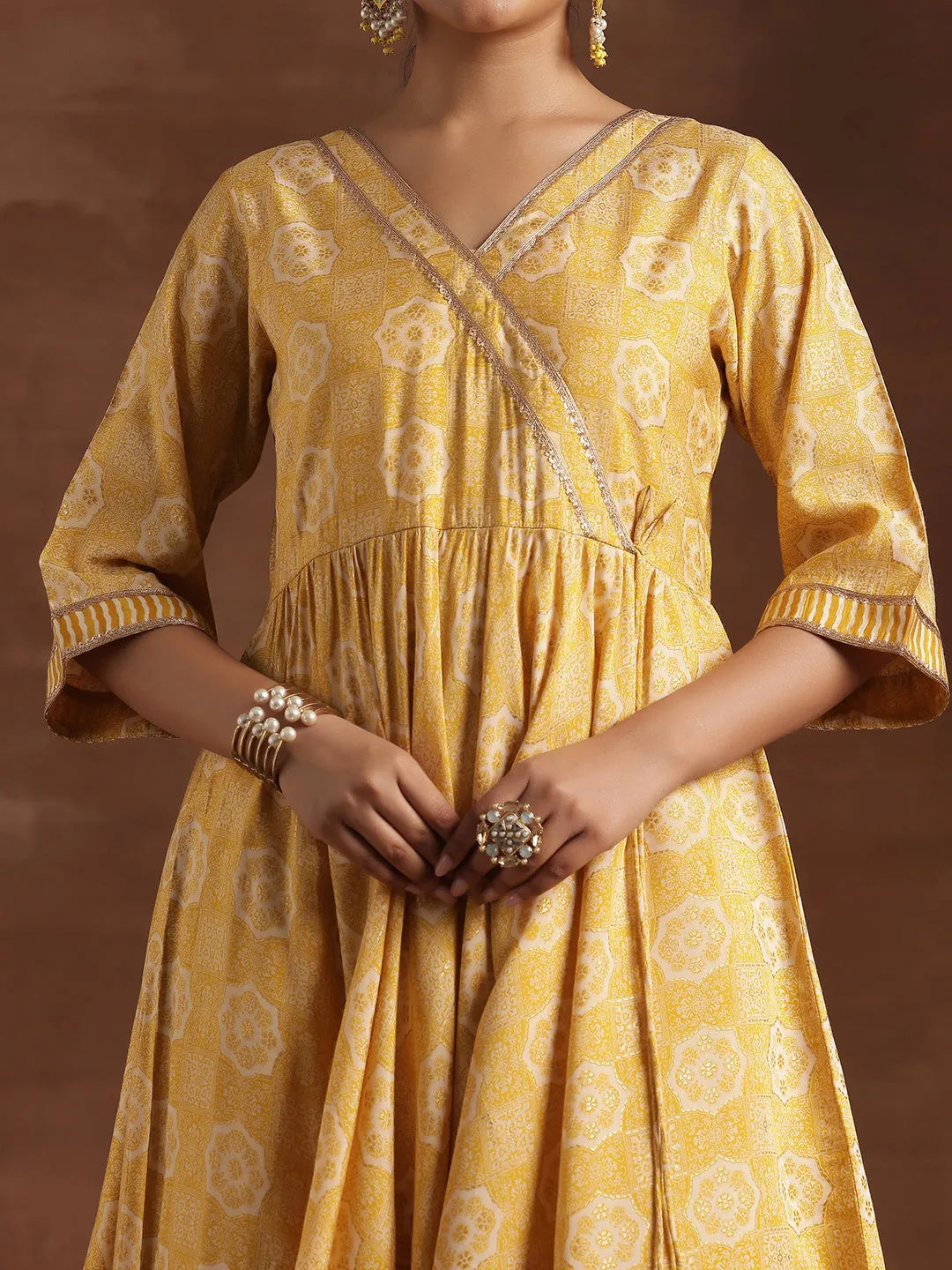 Mameraa Yellow Printed Anarkali Suit With Dupatta