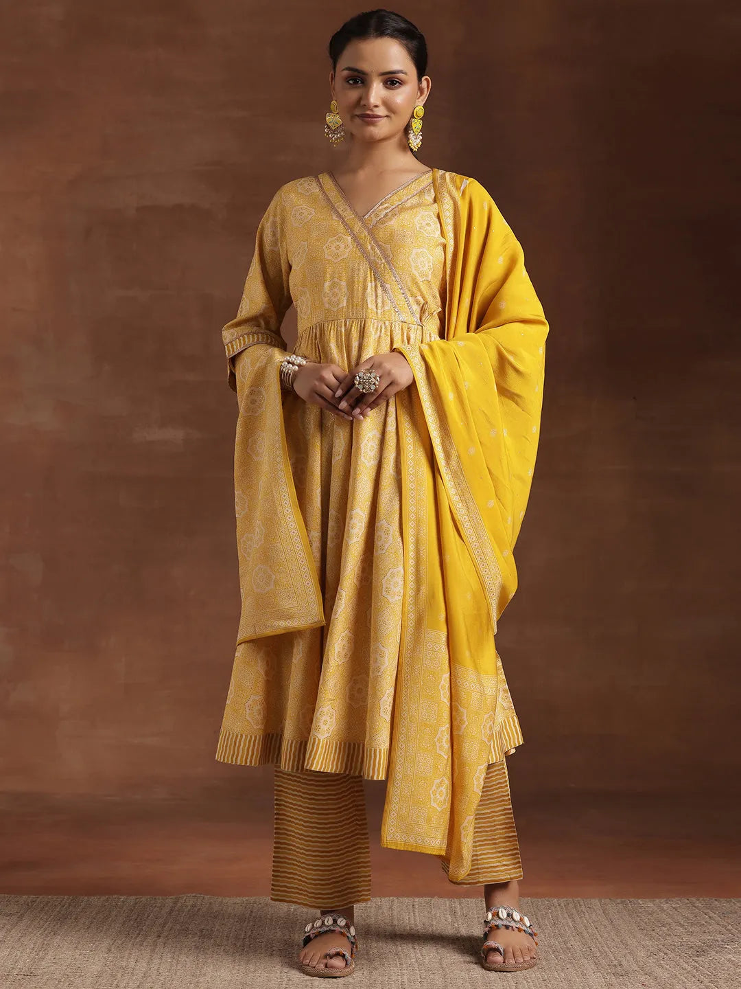 Mameraa Yellow Printed Anarkali Suit With Dupatta