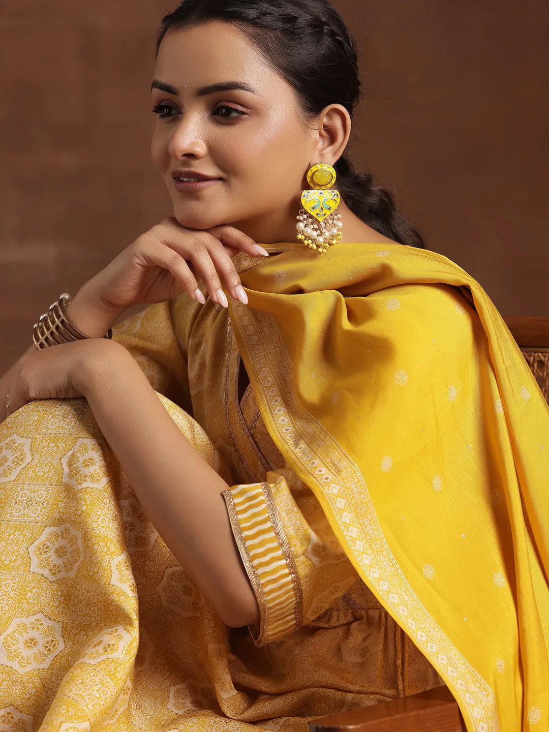 Mameraa Yellow Printed Anarkali Suit With Dupatta