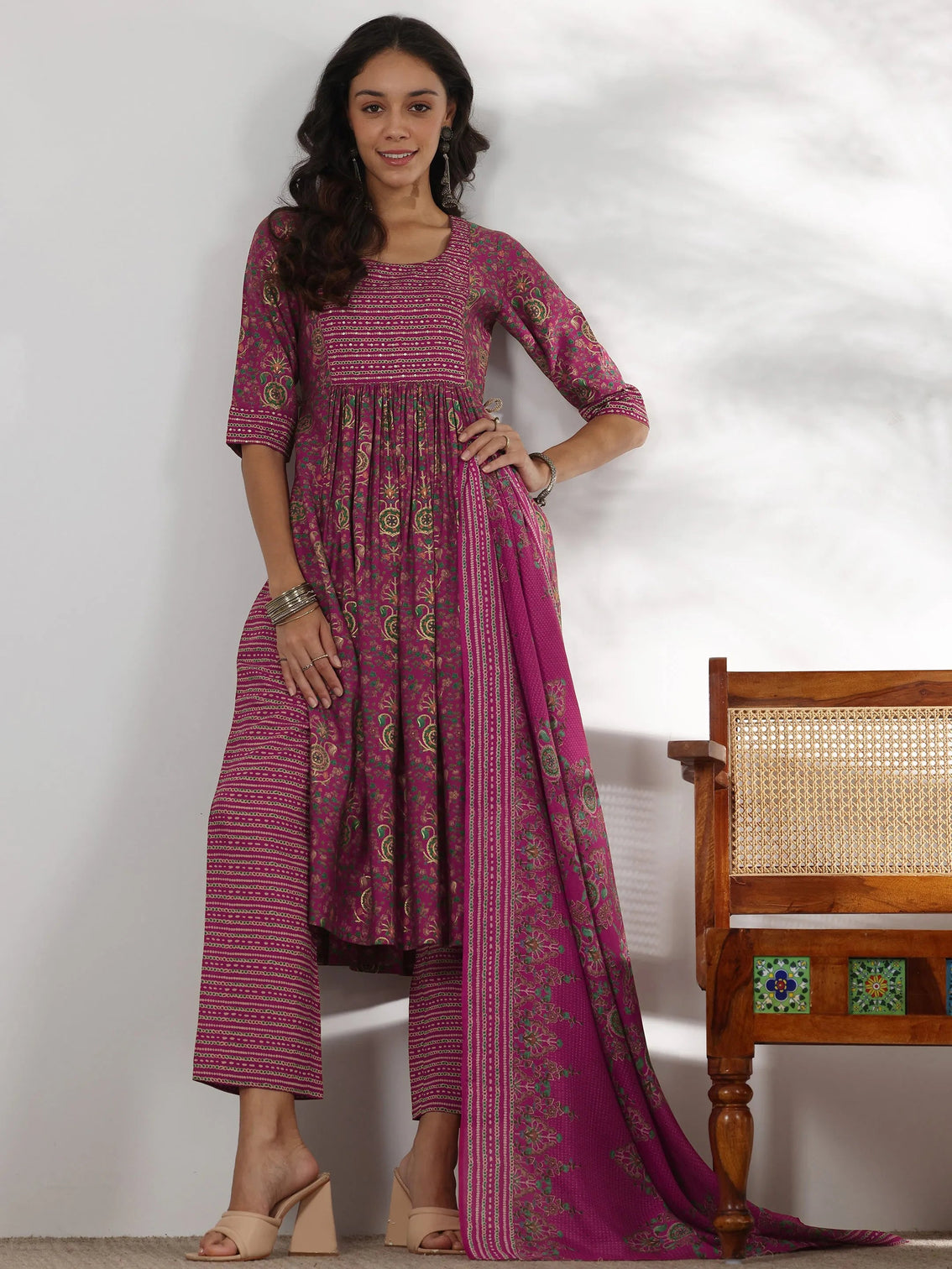 Mameraa Pink Printed Silk Blend A-Line Kurta With Trousers & Dupatta