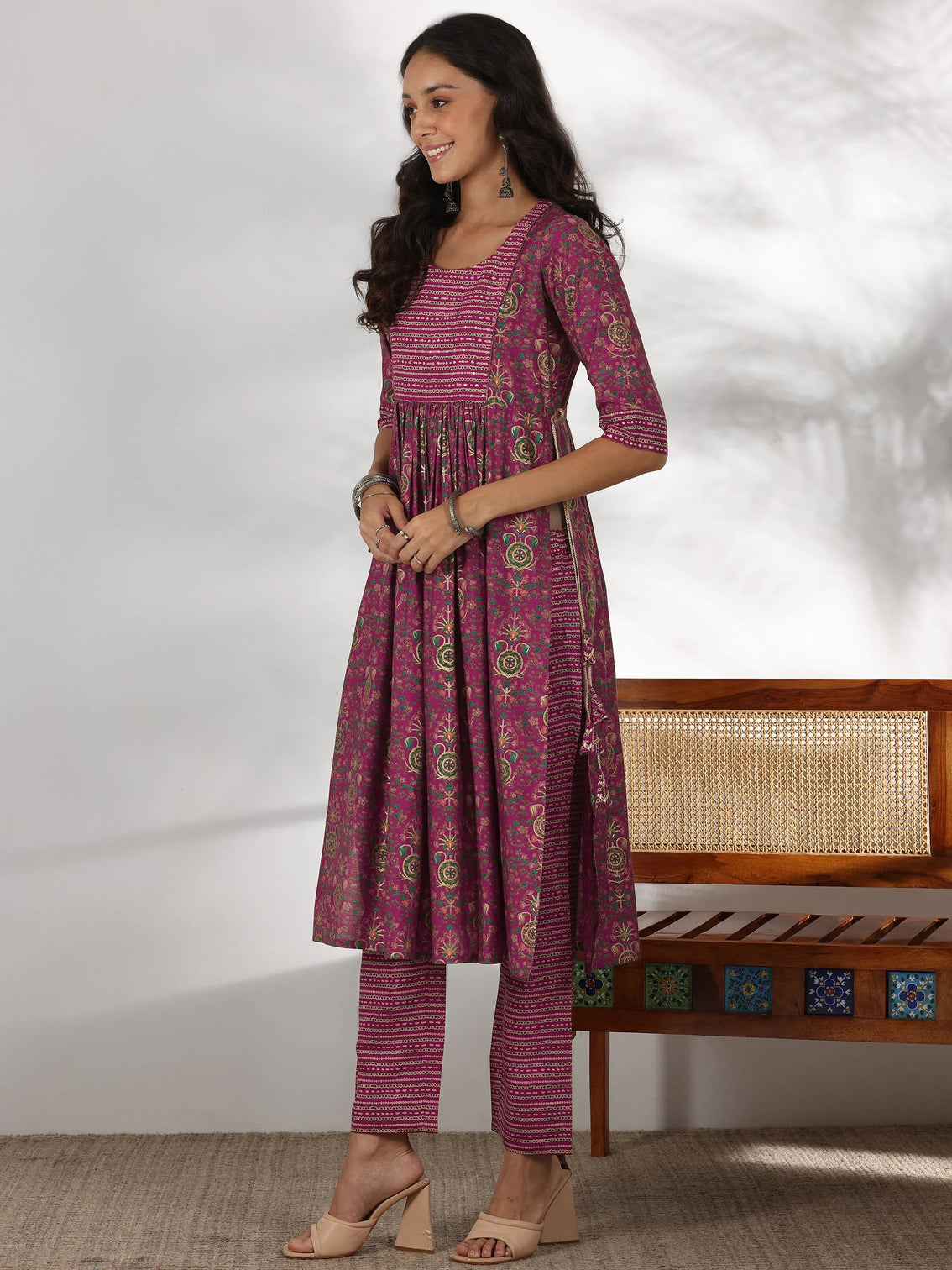 Mameraa Pink Printed Silk Blend A-Line Kurta With Trousers & Dupatta