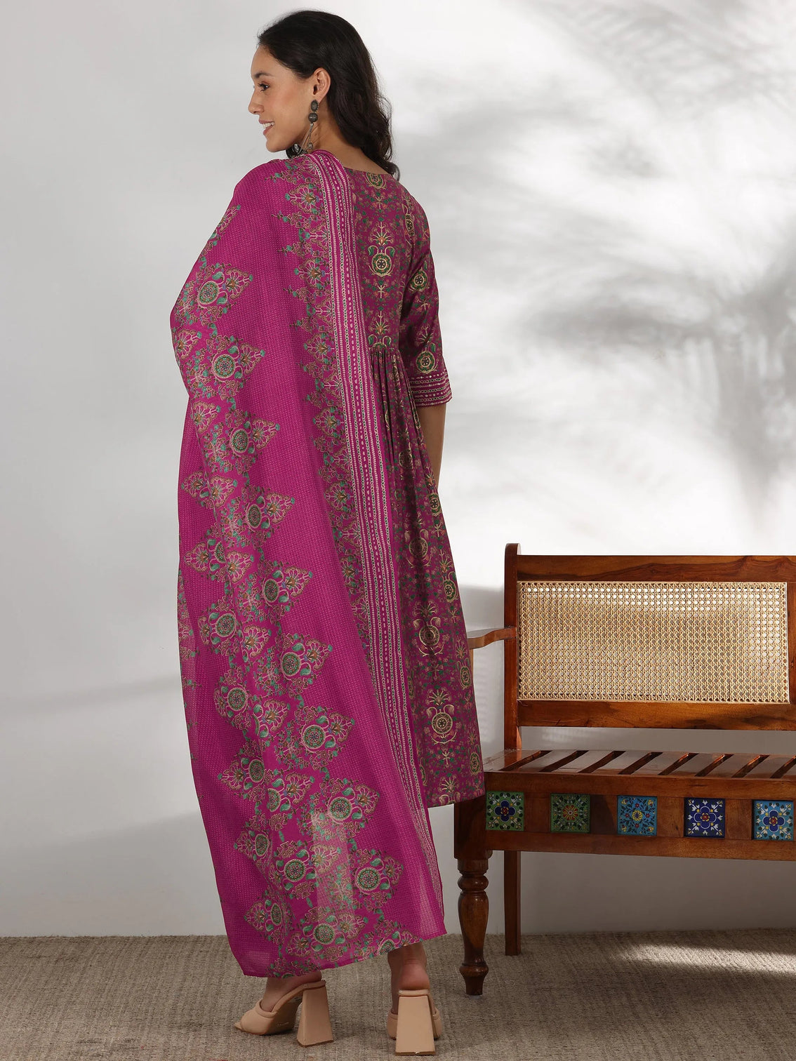 Mameraa Pink Printed Silk Blend A-Line Kurta With Trousers & Dupatta