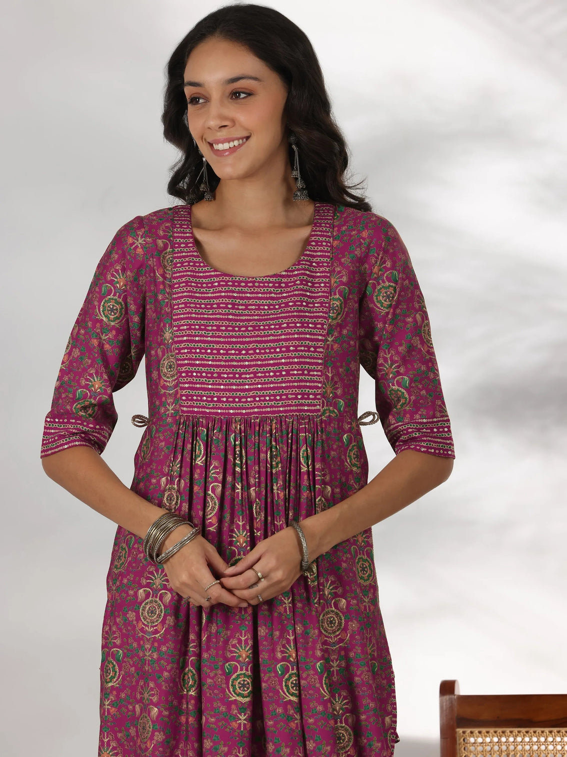 Mameraa Pink Printed Silk Blend A-Line Kurta With Trousers & Dupatta