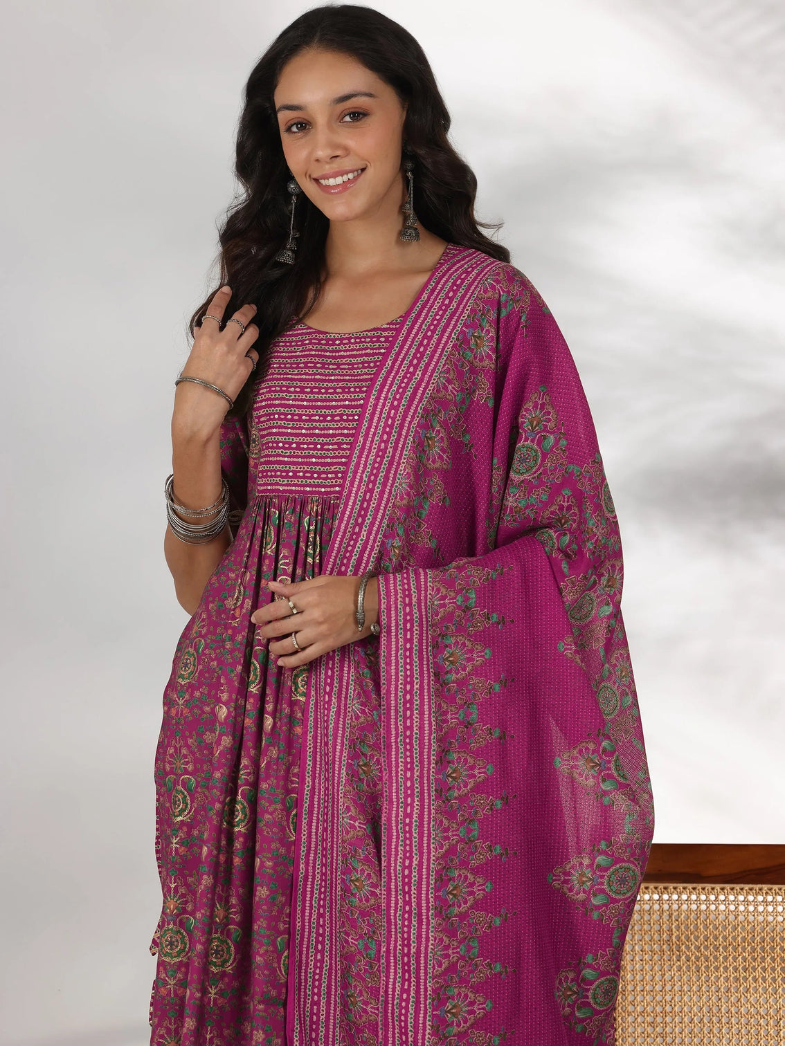 Mameraa Pink Printed Silk Blend A-Line Kurta With Trousers & Dupatta