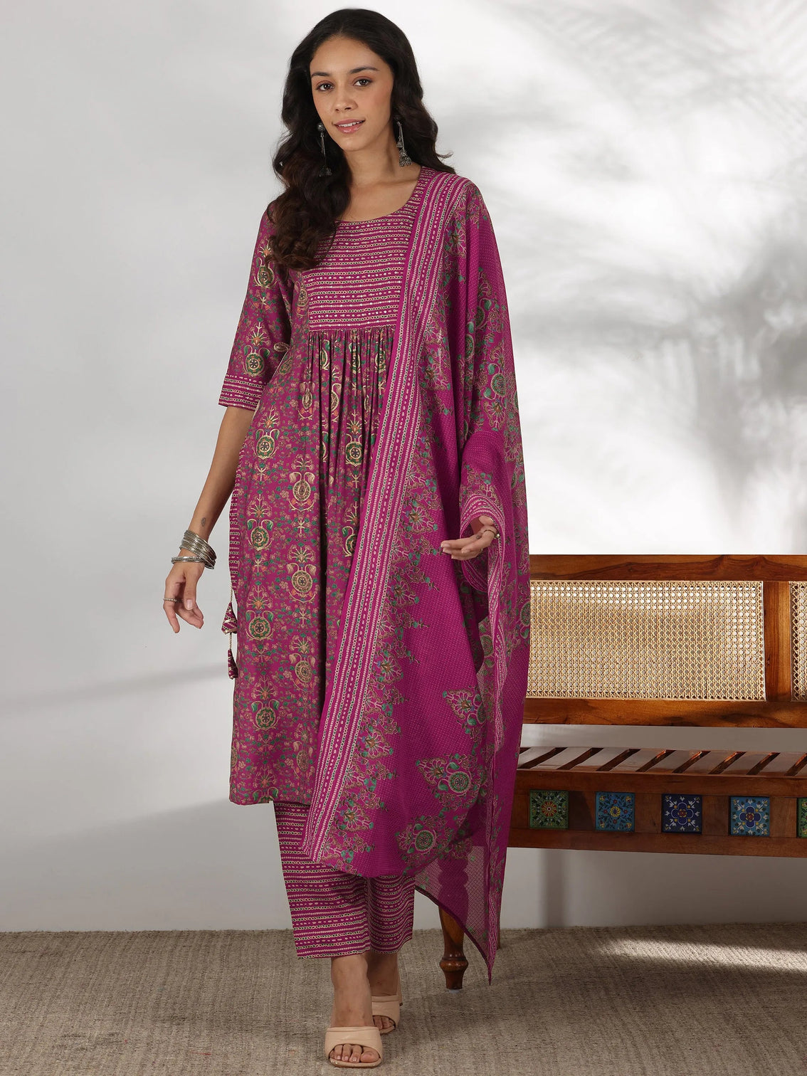 Mameraa Pink Printed Silk Blend A-Line Kurta With Trousers & Dupatta