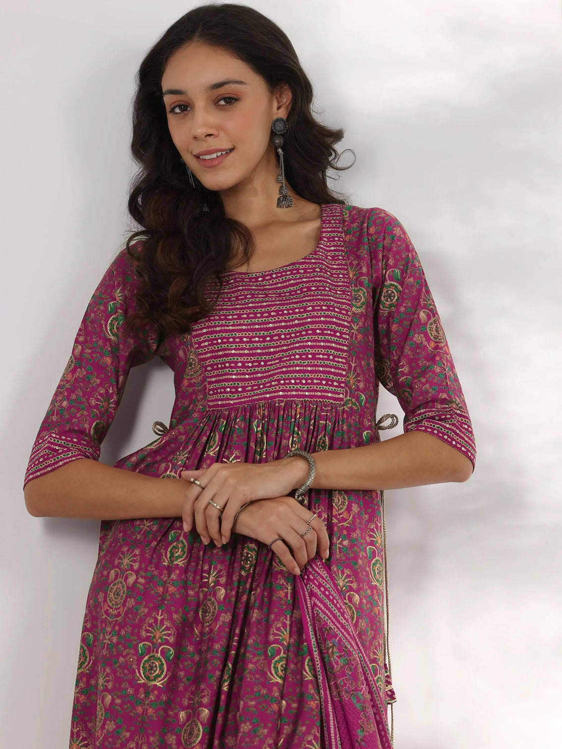 Mameraa Pink Printed Silk Blend A-Line Kurta With Trousers & Dupatta