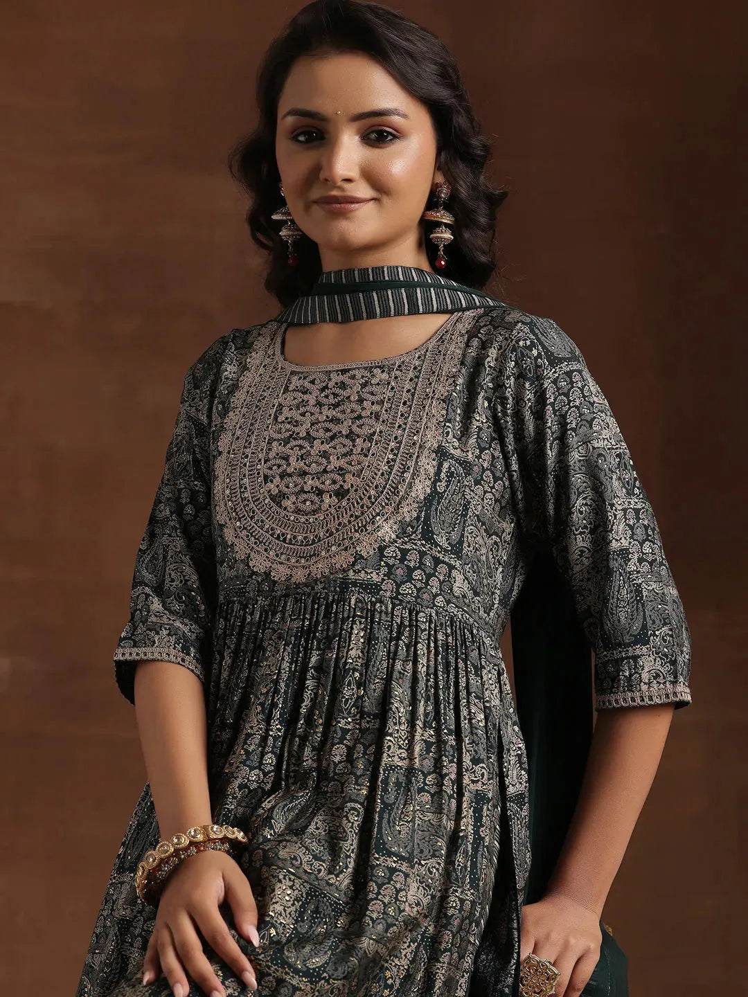 Mameraa Green Printed A-Line Kurta With Trousers & Dupatta