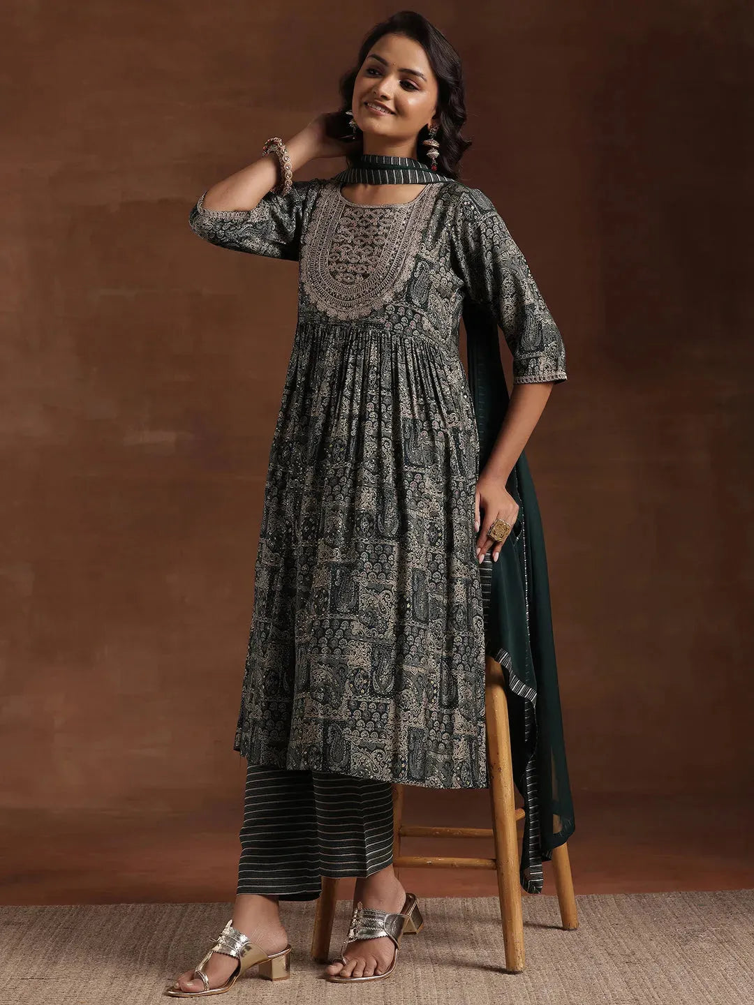 Mameraa Green Printed A-Line Kurta With Trousers & Dupatta