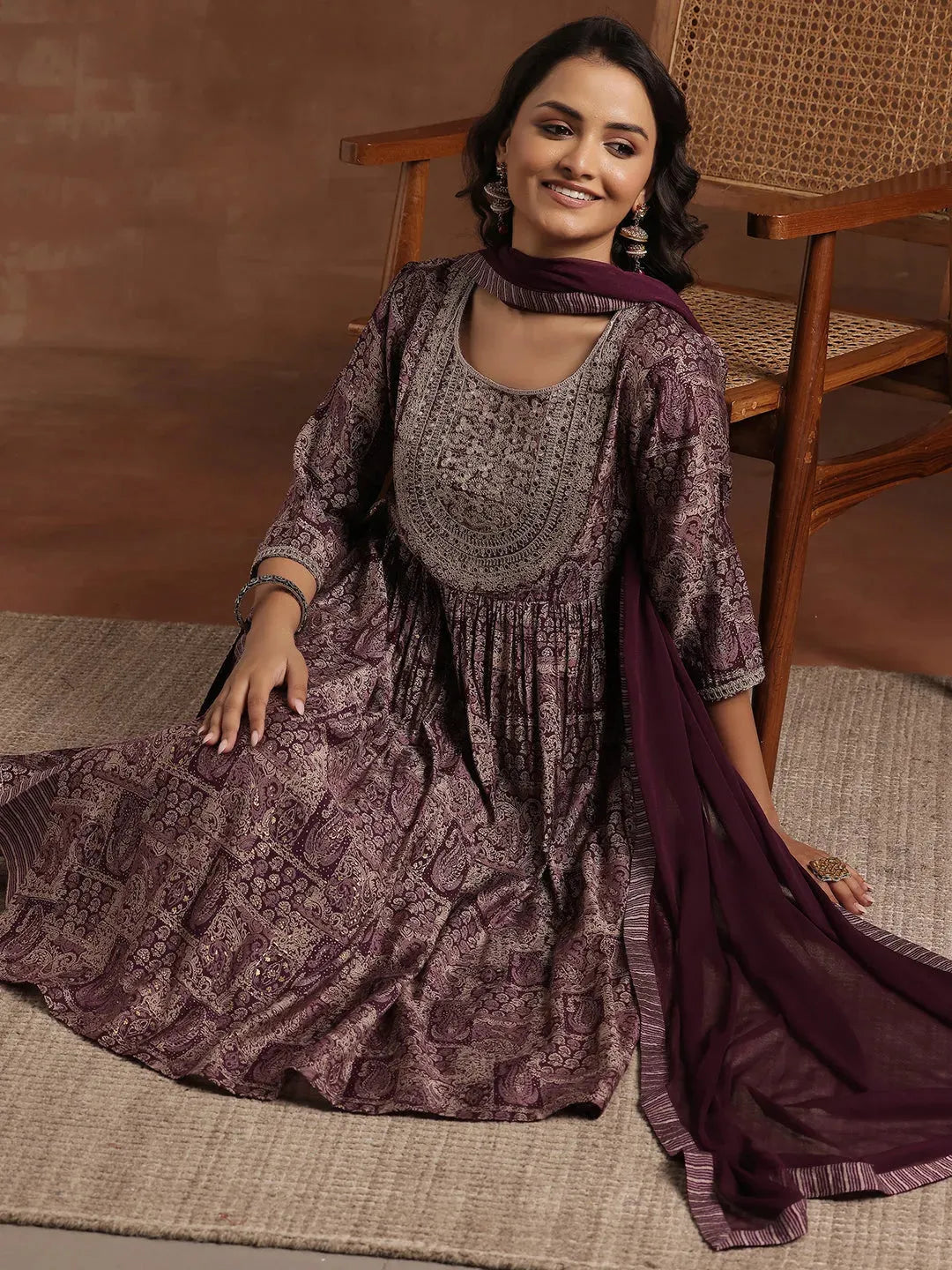 Mameraa Wine Printed Silk Blend A-Line Kurta With Trousers & Dupatta