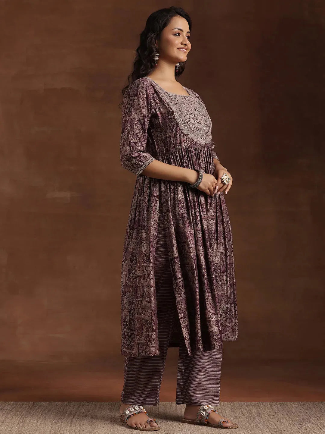 Mameraa Wine Printed Silk Blend A-Line Kurta With Trousers & Dupatta