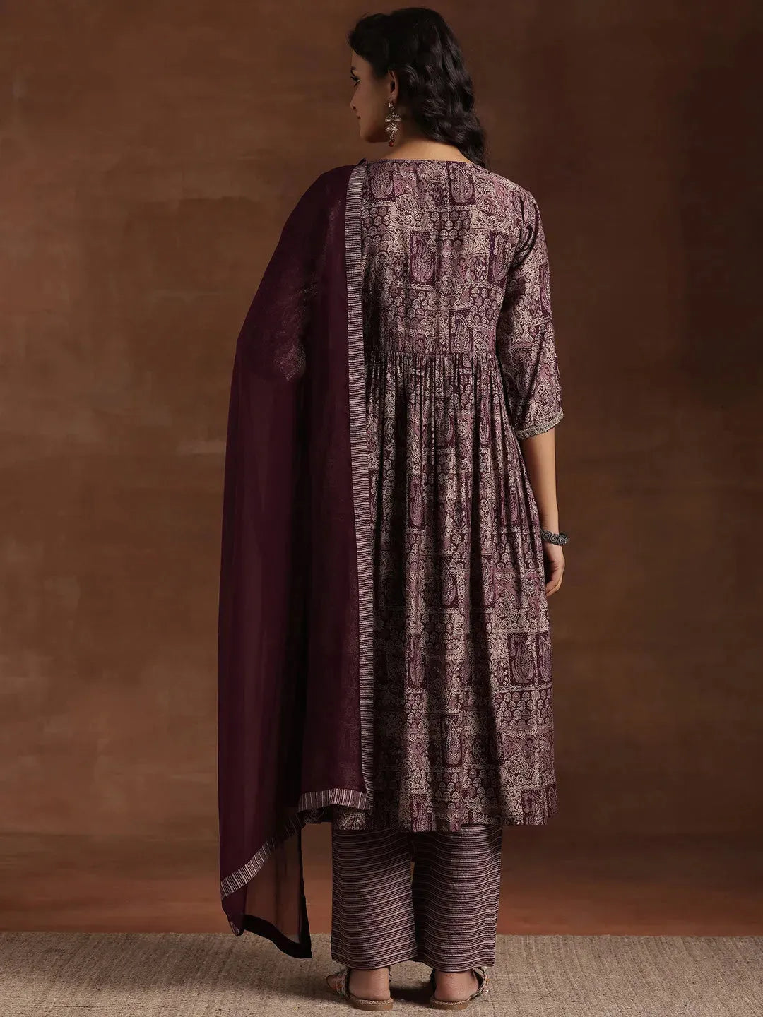 Mameraa Wine Printed Silk Blend A-Line Kurta With Trousers & Dupatta