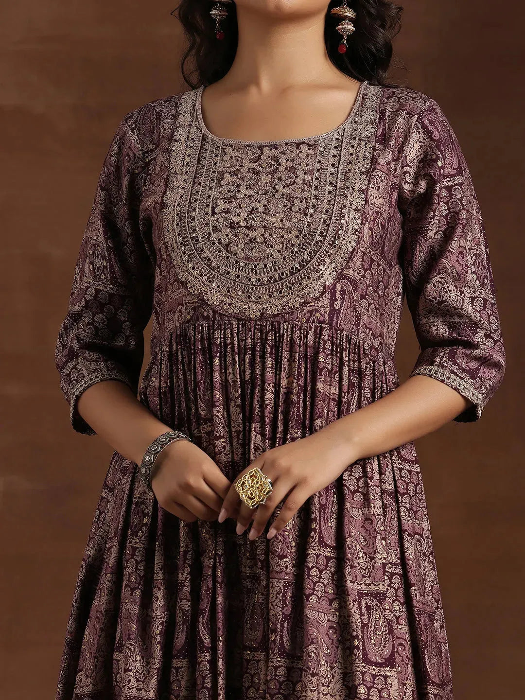 Mameraa Wine Printed Silk Blend A-Line Kurta With Trousers & Dupatta