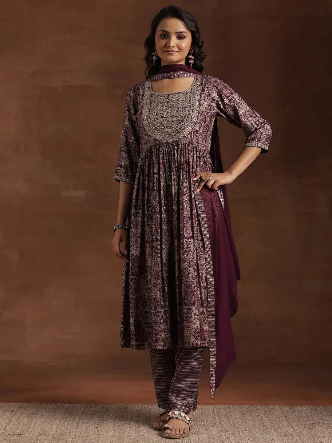 Mameraa Wine Printed Silk Blend A-Line Kurta With Trousers & Dupatta