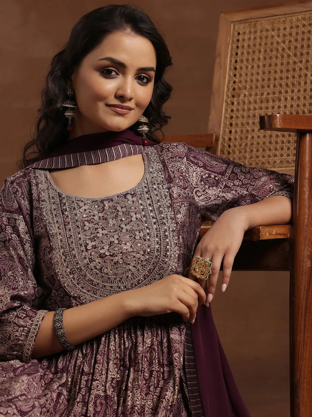 Mameraa Wine Printed Silk Blend A-Line Kurta With Trousers & Dupatta