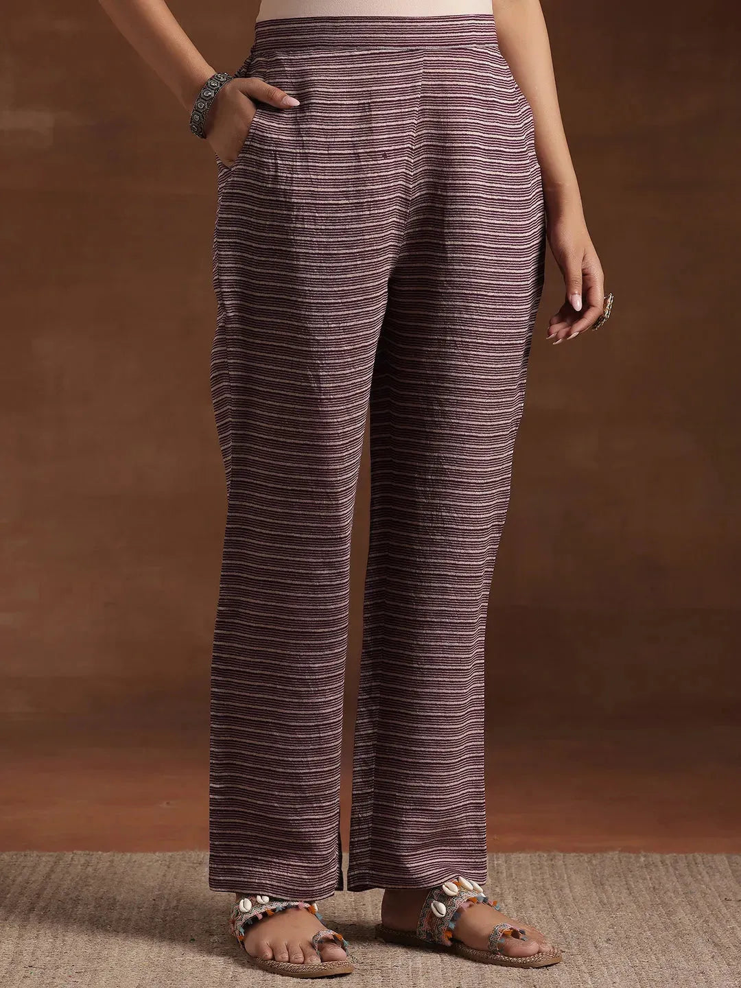 Mameraa Wine Printed Silk Blend A-Line Kurta With Trousers & Dupatta