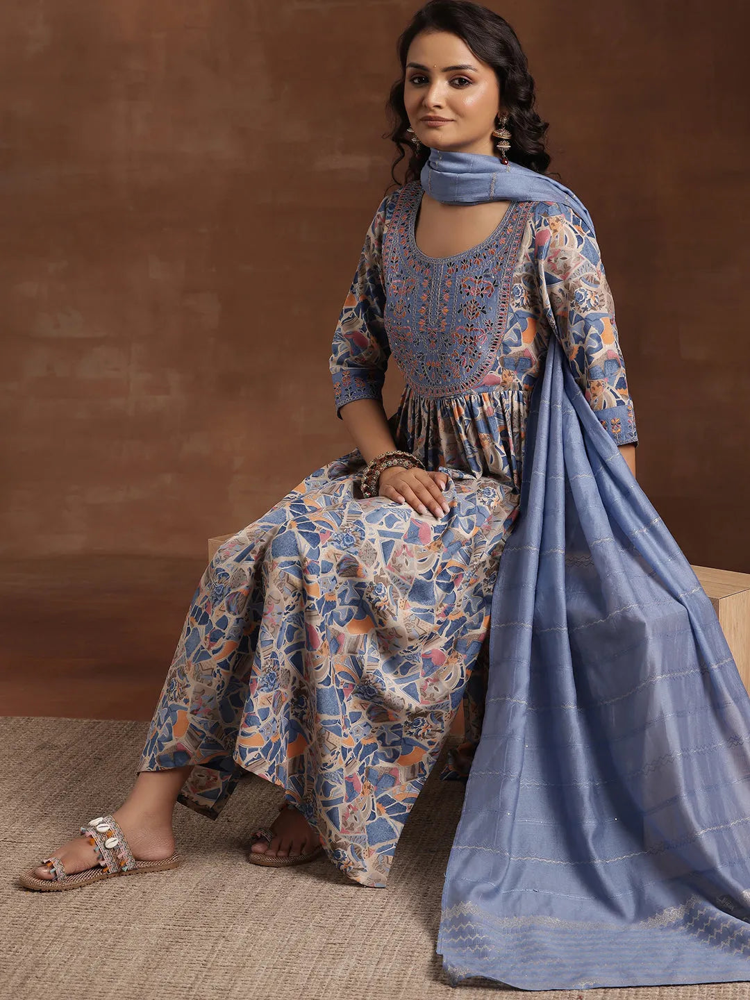 Mameraa Blue Printed Silk Blend A-Line Kurta With Trousers & Dupatta