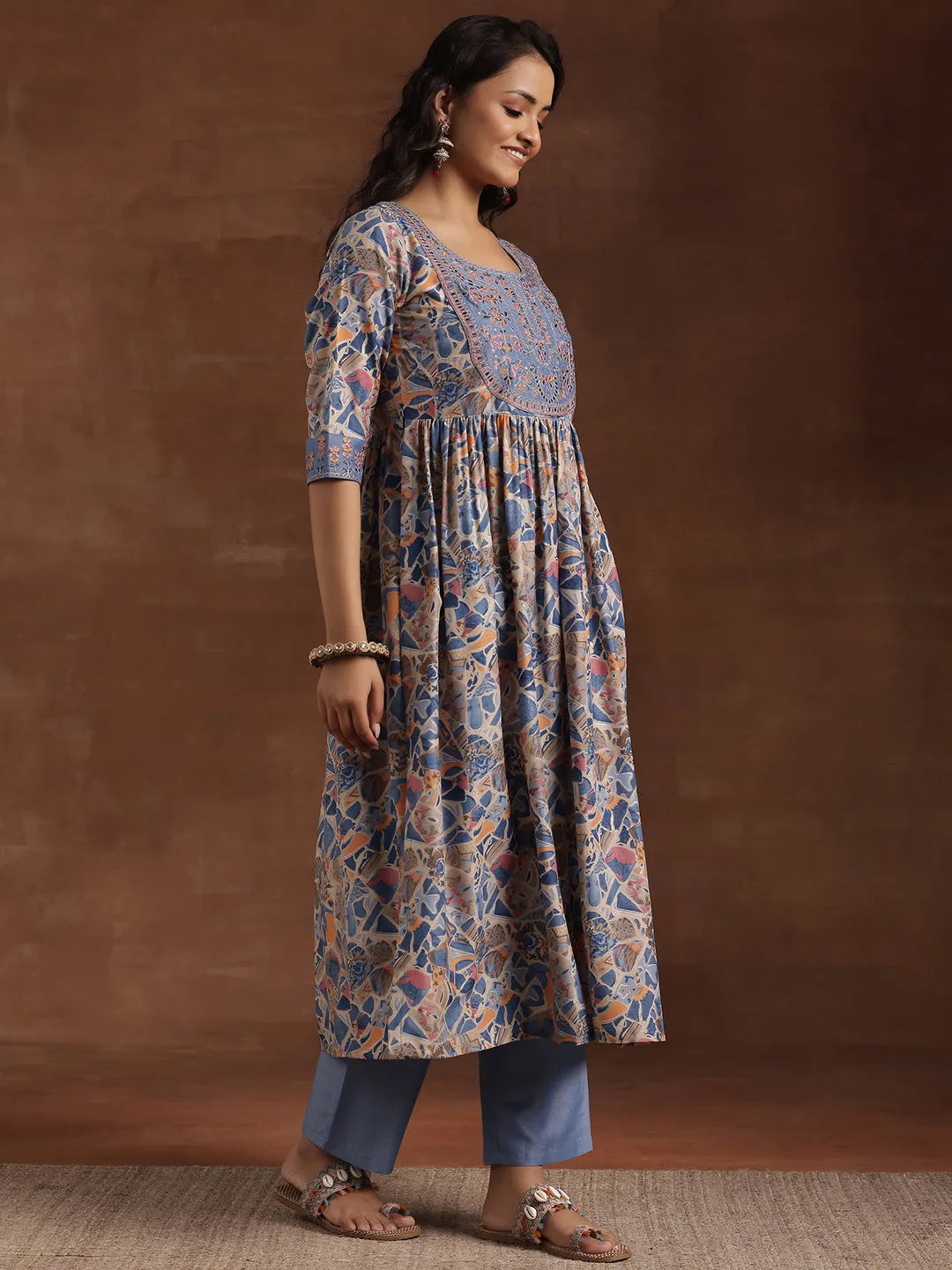 Mameraa Blue Printed Silk Blend A-Line Kurta With Trousers & Dupatta