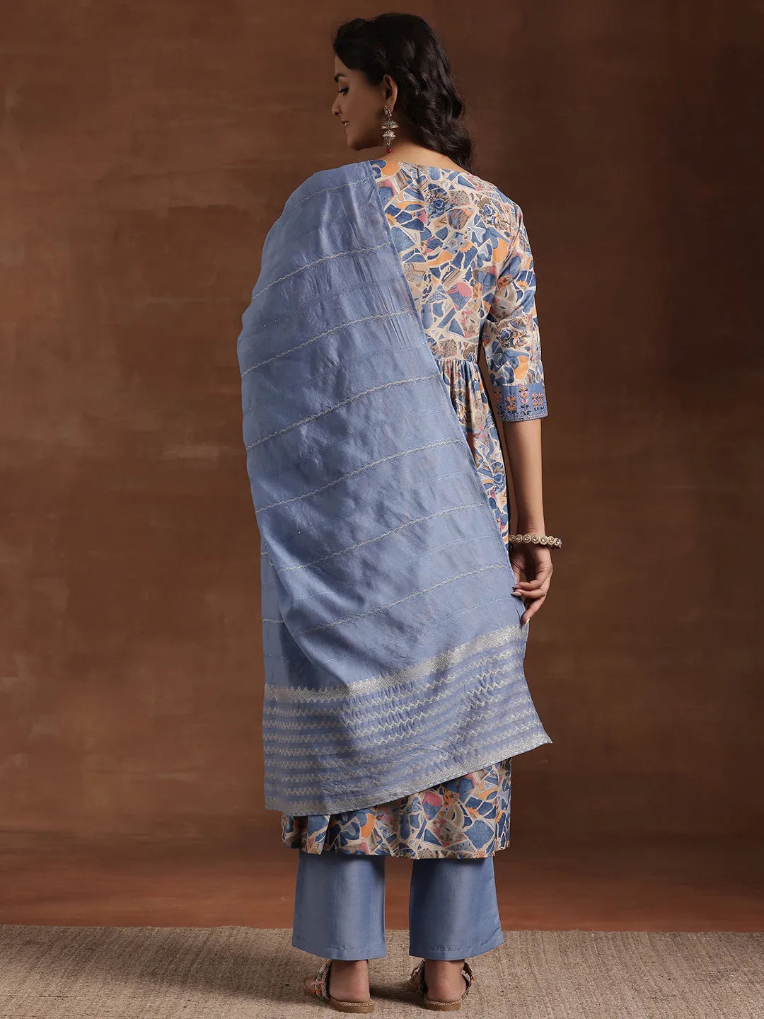 Mameraa Blue Printed Silk Blend A-Line Kurta With Trousers & Dupatta