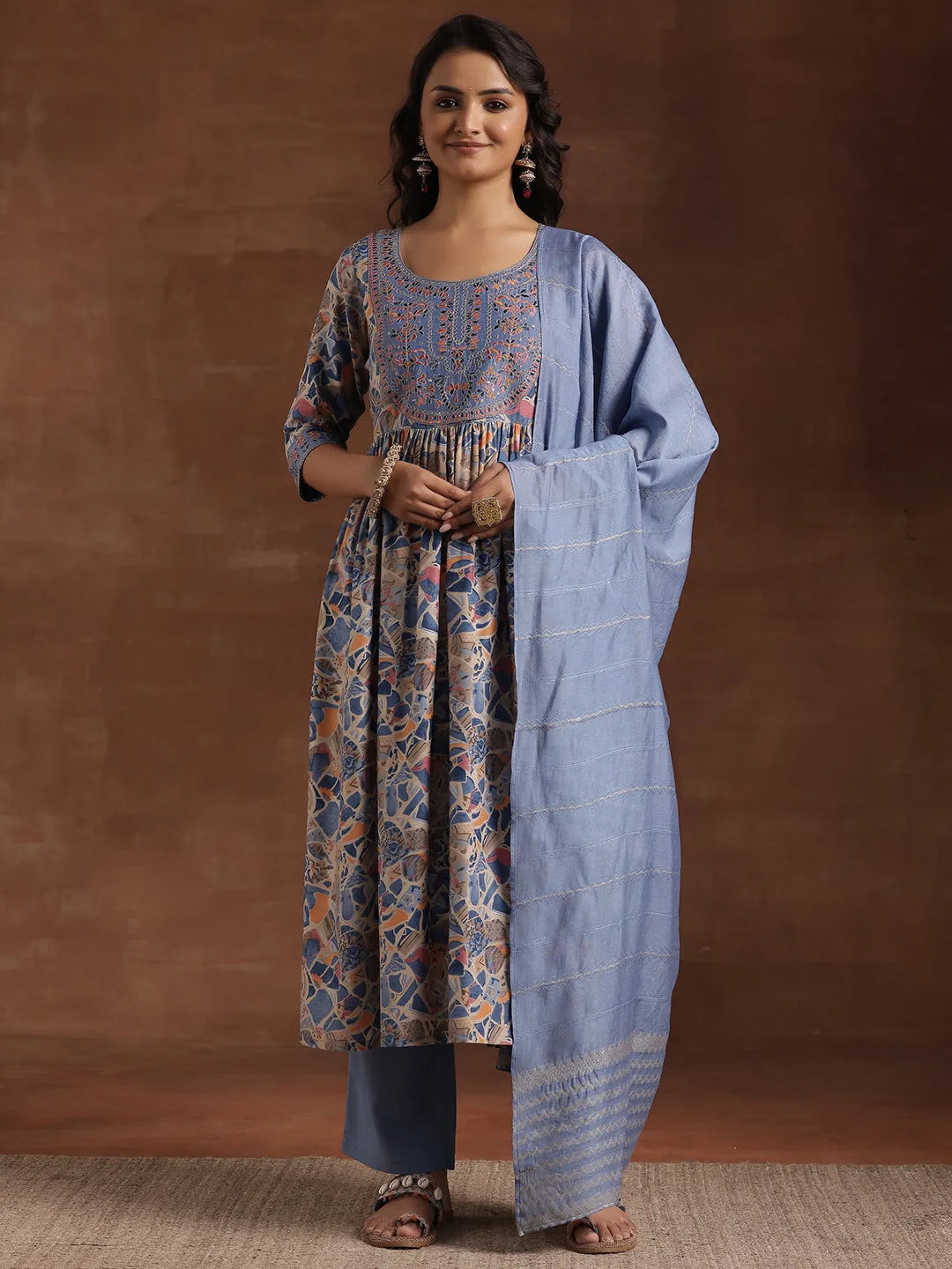 Mameraa Blue Printed Silk Blend A-Line Kurta With Trousers & Dupatta