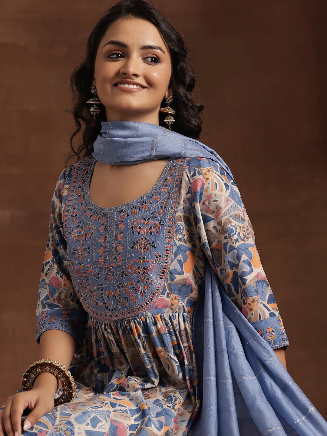 Mameraa Blue Printed Silk Blend A-Line Kurta With Trousers & Dupatta
