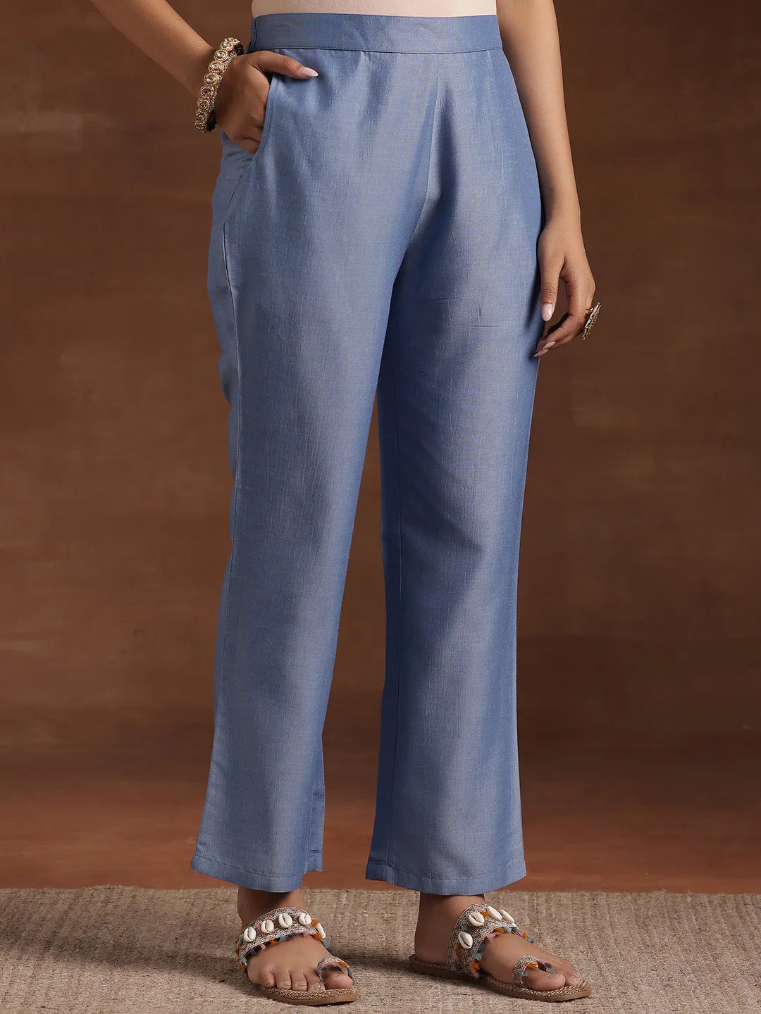 Mameraa Blue Printed Silk Blend A-Line Kurta With Trousers & Dupatta