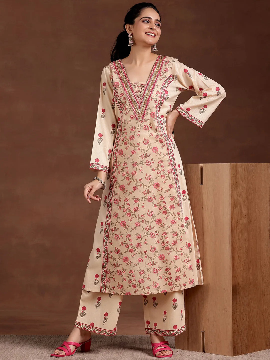 Mameraa Beige Printed Cotton A-Line Kurta With Palazzos