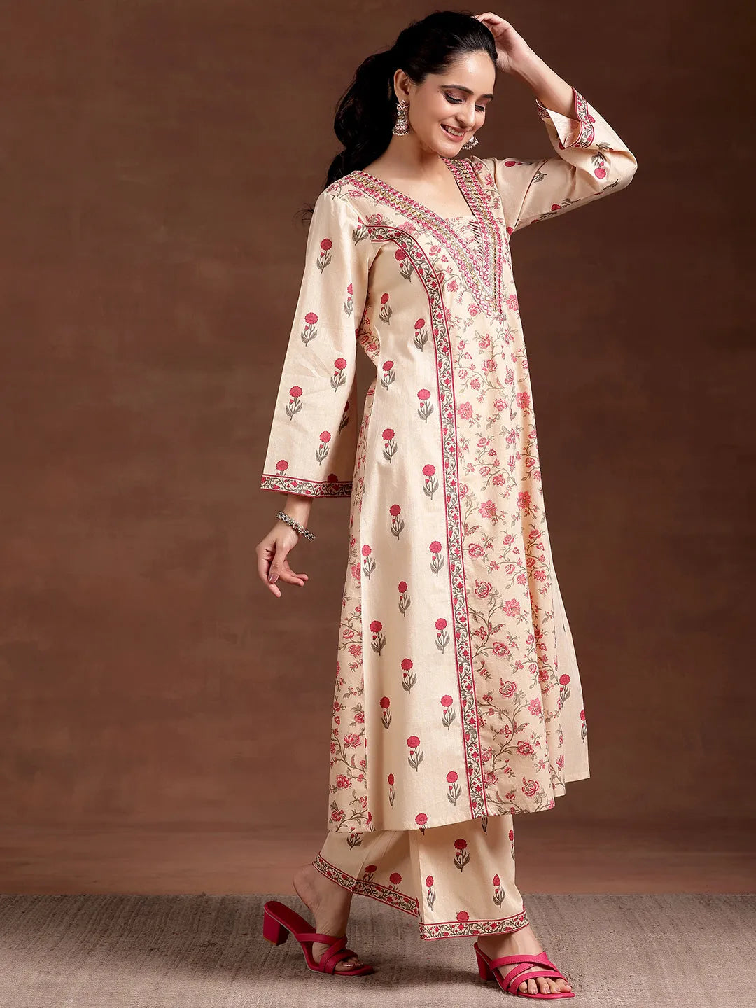 Mameraa Beige Printed Cotton A-Line Kurta With Palazzos