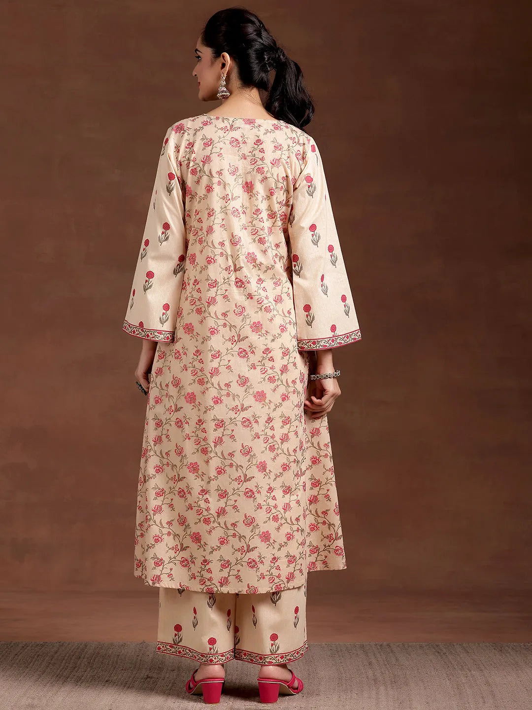 Mameraa Beige Printed Cotton A-Line Kurta With Palazzos