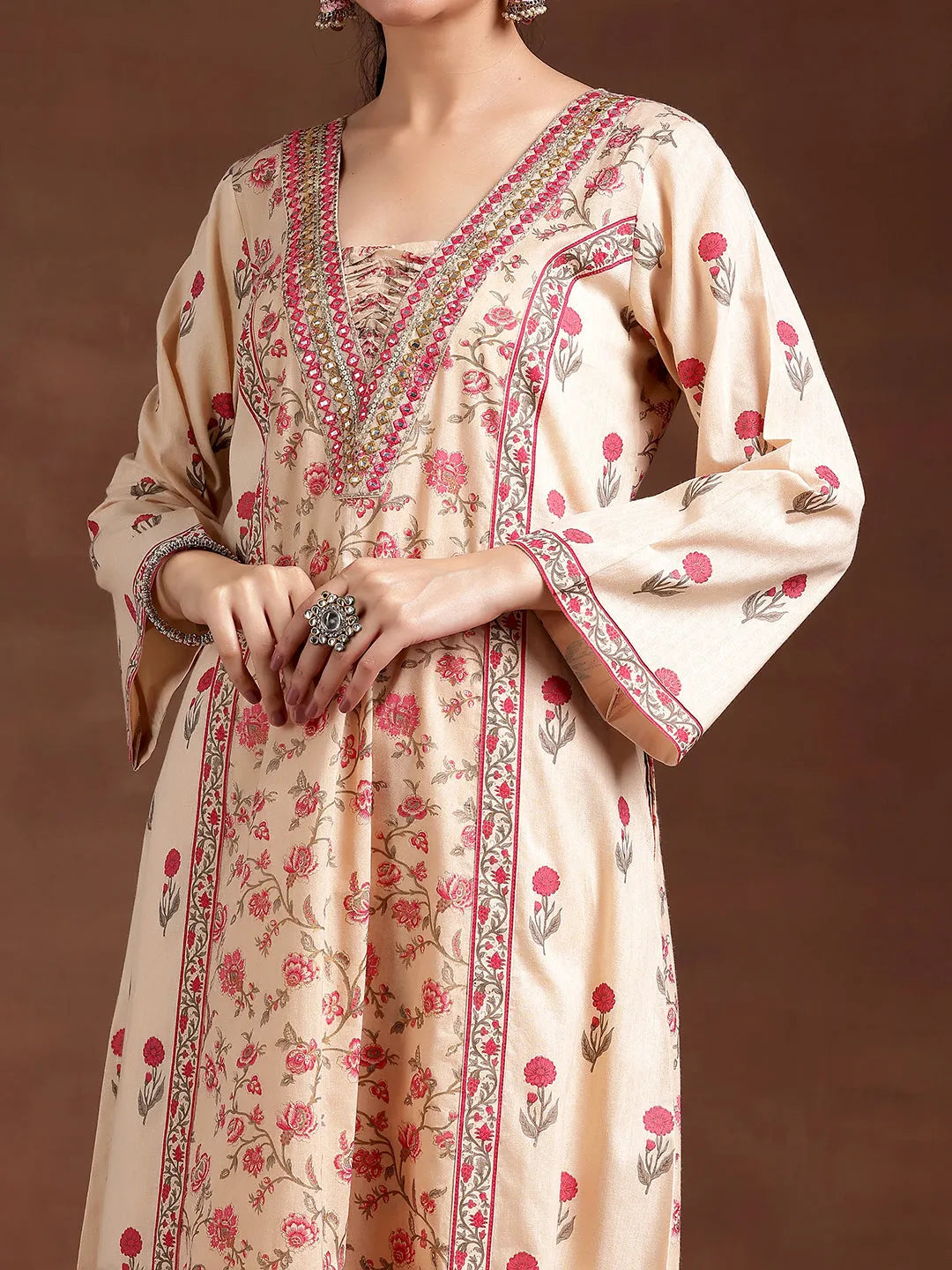 Mameraa Beige Printed Cotton A-Line Kurta With Palazzos