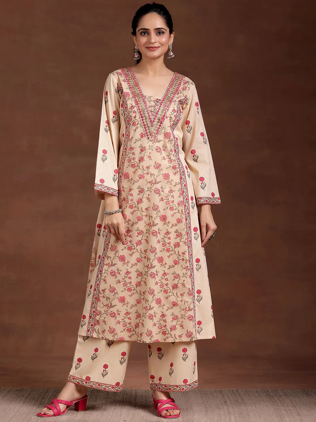 Mameraa Beige Printed Cotton A-Line Kurta With Palazzos