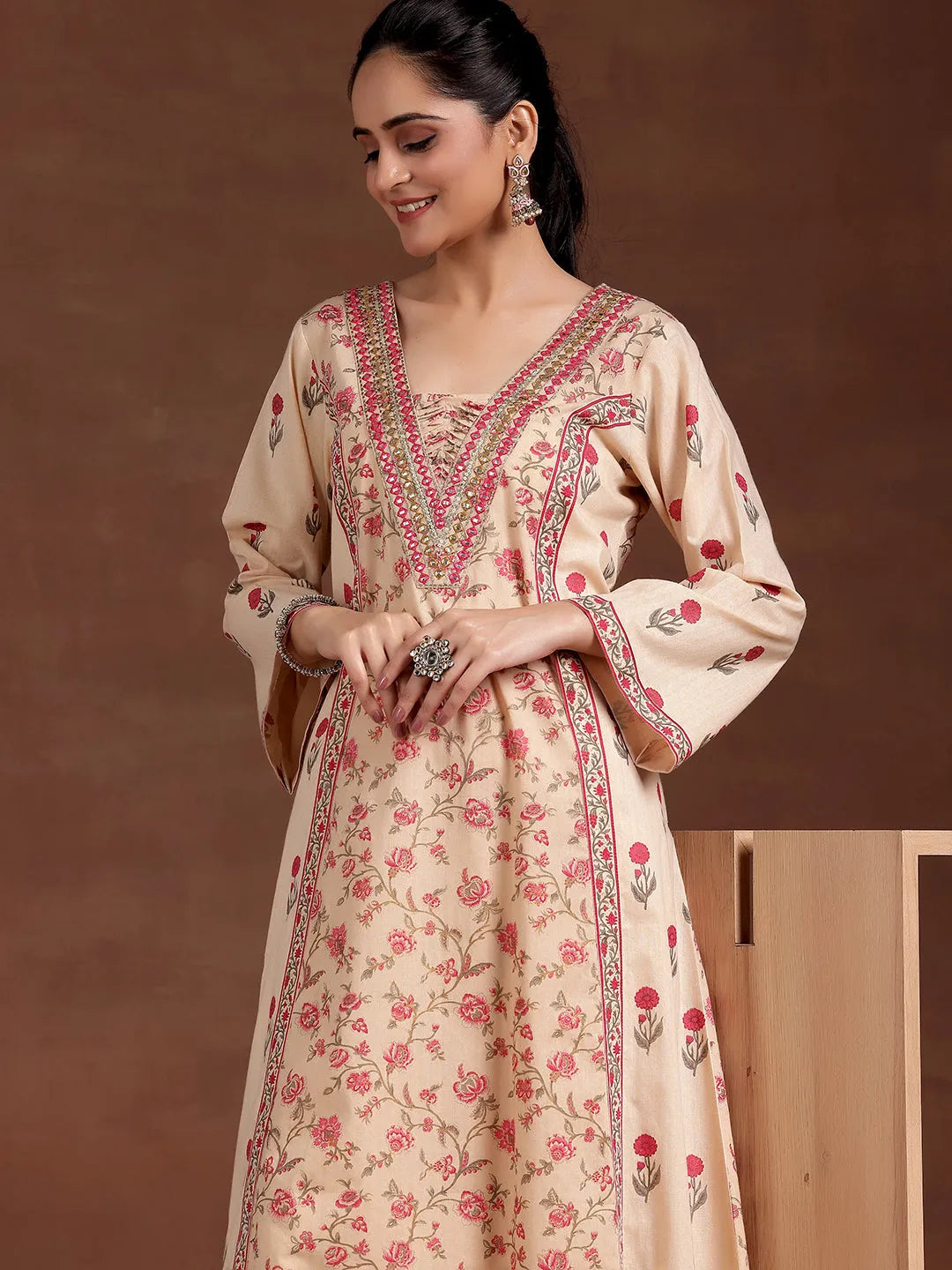 Mameraa Beige Printed Cotton A-Line Kurta With Palazzos