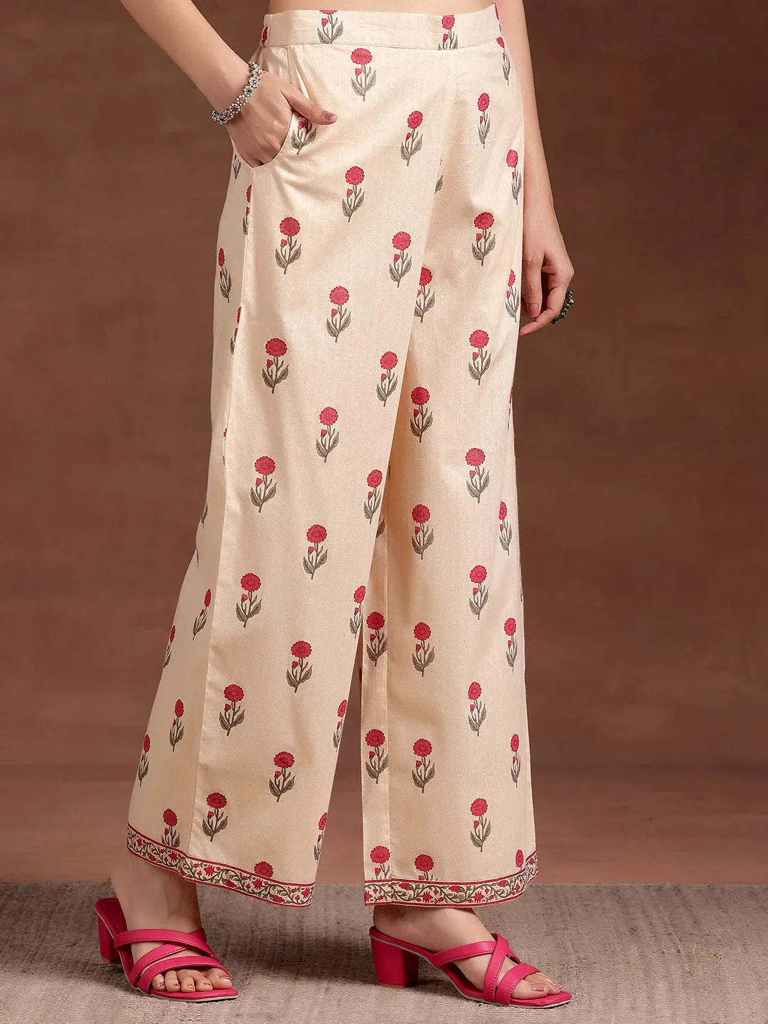 Mameraa Beige Printed Cotton A-Line Kurta With Palazzos