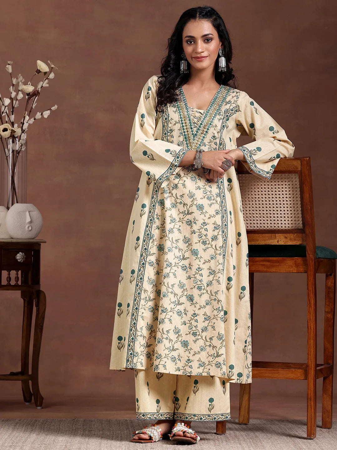 Libas Beige Printed Cotton A-Line Kurta With Palazzos