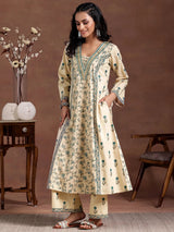 Libas Beige Printed Cotton A-Line Kurta With Palazzos