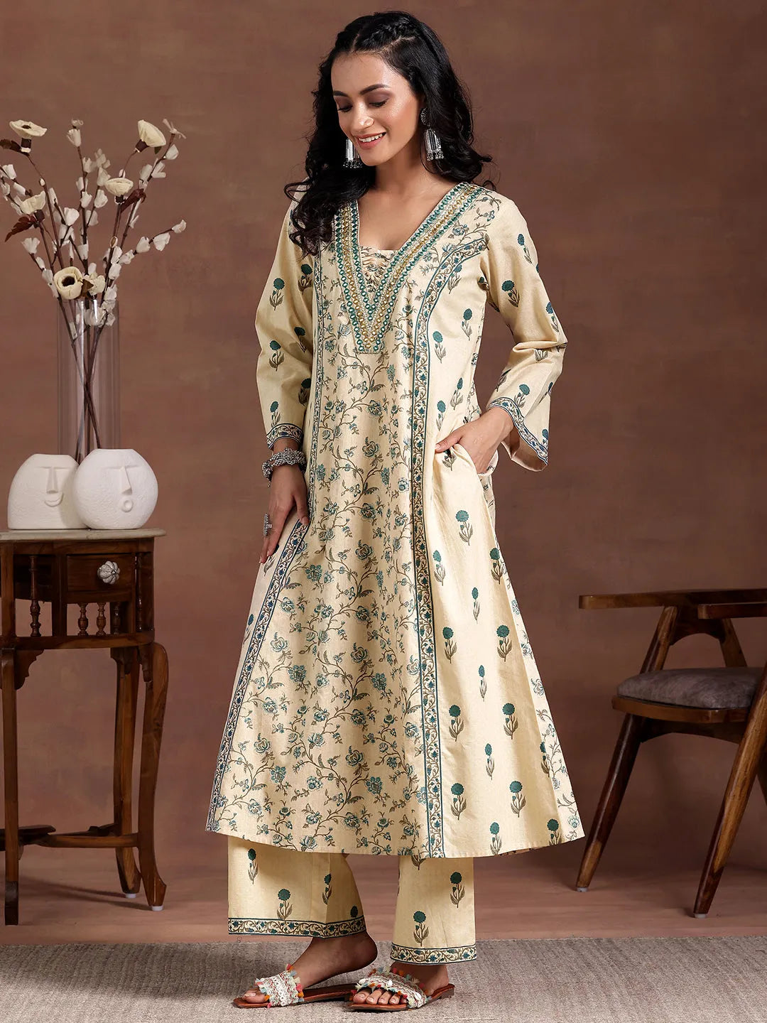 Libas Beige Printed Cotton A-Line Kurta With Palazzos