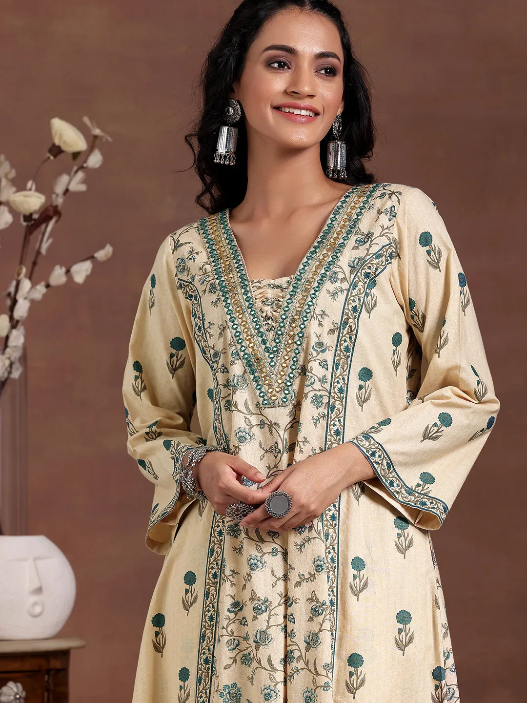Libas Beige Printed Cotton A-Line Kurta With Palazzos